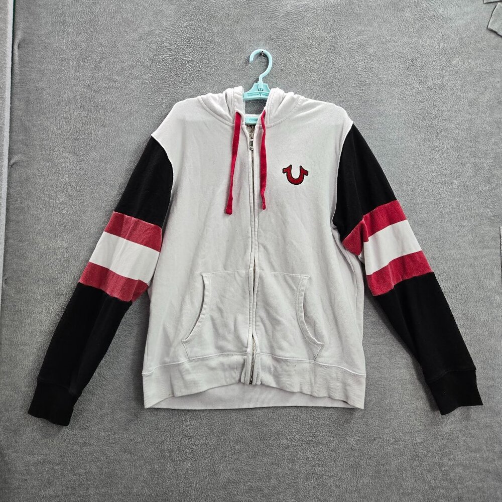 True Religion Women Hoodie 2XL White Red Full Zip Colorblock Drawstring READ
